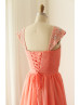 Beaded Cap Sleeves Coral Chiffon Corset Back Bridesmaid Dress